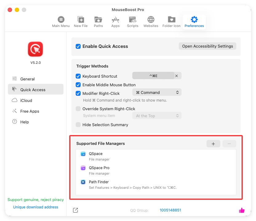 Configure MouseBoost Quick Access triggers and file managers